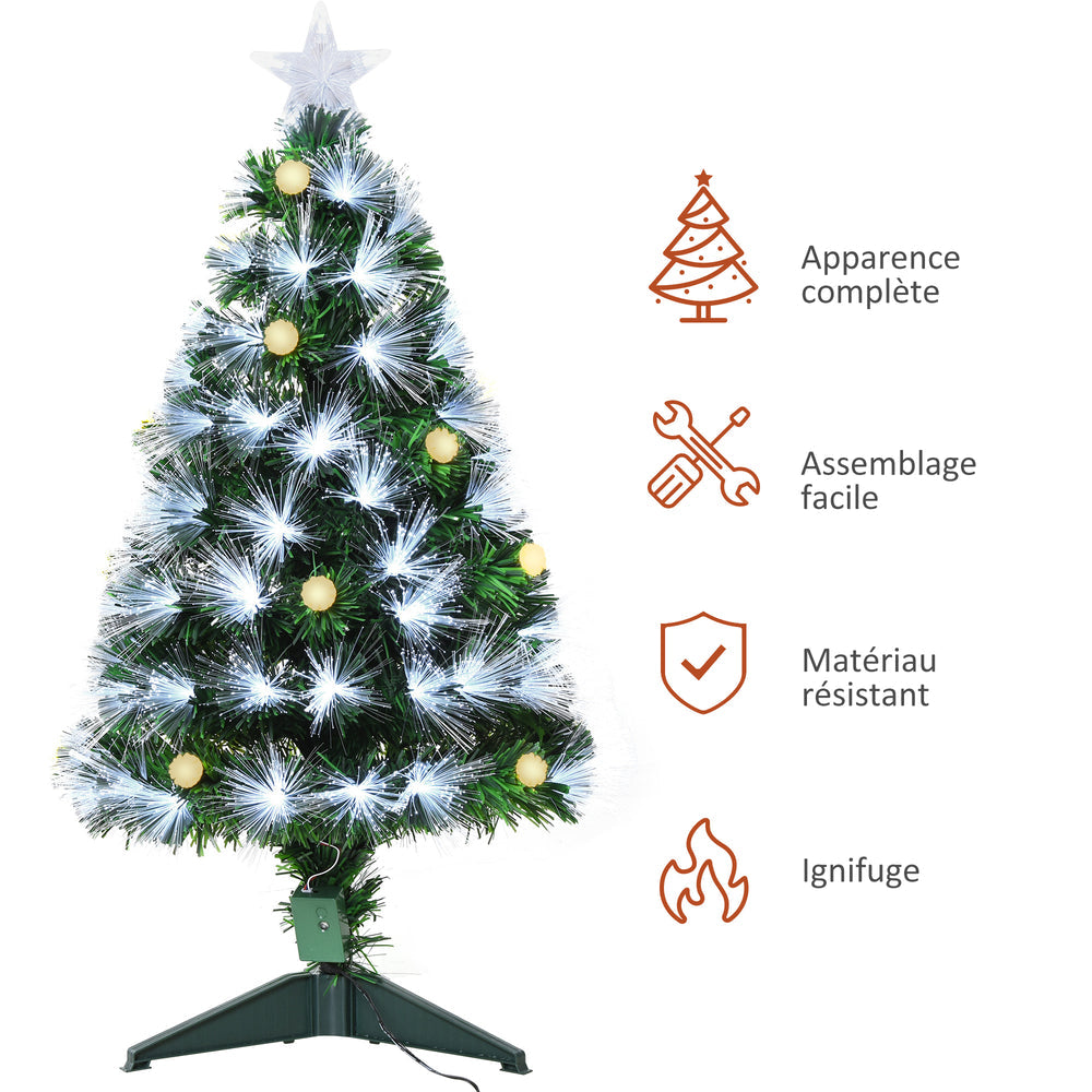 Sapin de Noël Artificiel Lumineux 90H cm Fibre Optique LED + 14 Ampoules + Support Pied 90 Branches étoile Sommet Brillante Vert