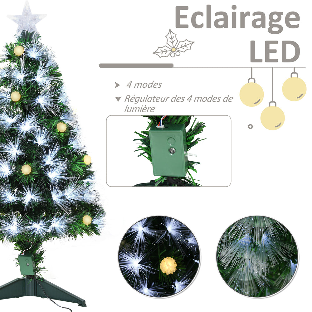 Sapin de Noël Artificiel Lumineux 90H cm Fibre Optique LED + 14 Ampoules + Support Pied 90 Branches étoile Sommet Brillante Vert