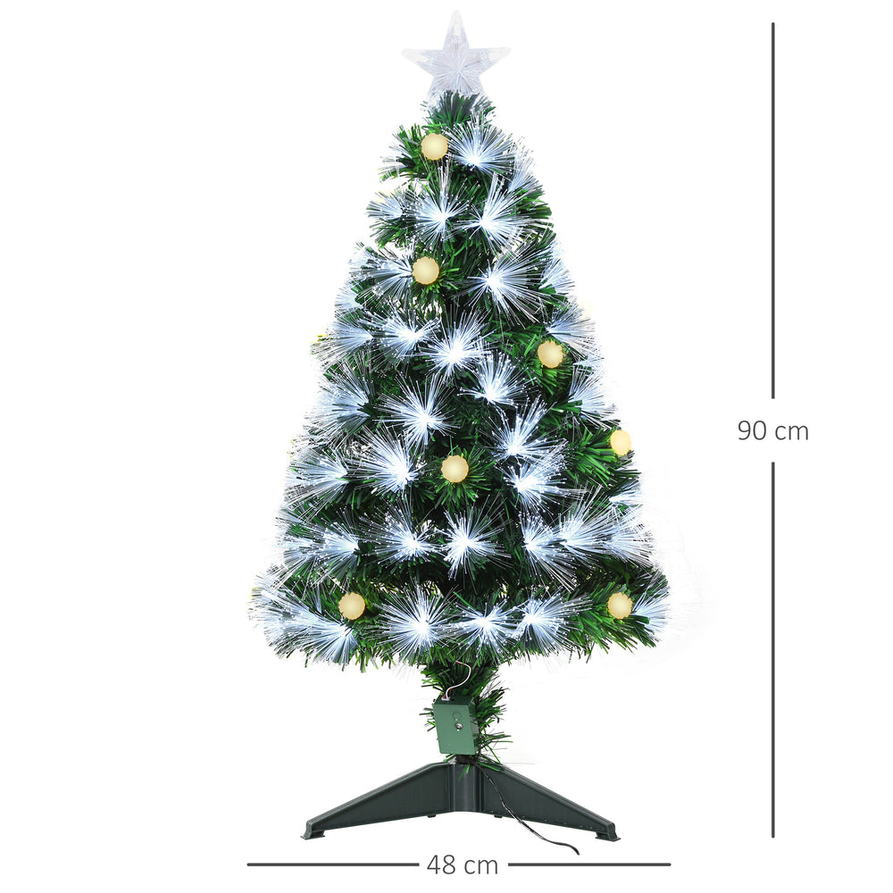 Sapin de Noël Artificiel Lumineux 90H cm Fibre Optique LED + 14 Ampoules + Support Pied 90 Branches étoile Sommet Brillante Vert