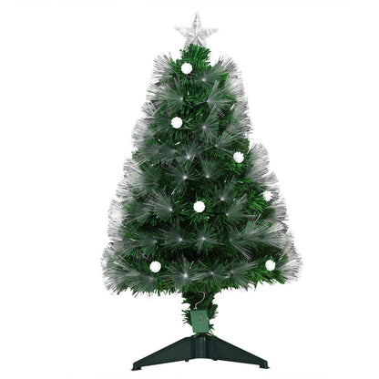 Sapin de Noël Artificiel Lumineux 90H cm Fibre Optique LED + 14 Ampoules + Support Pied 90 Branches étoile Sommet Brillante Vert