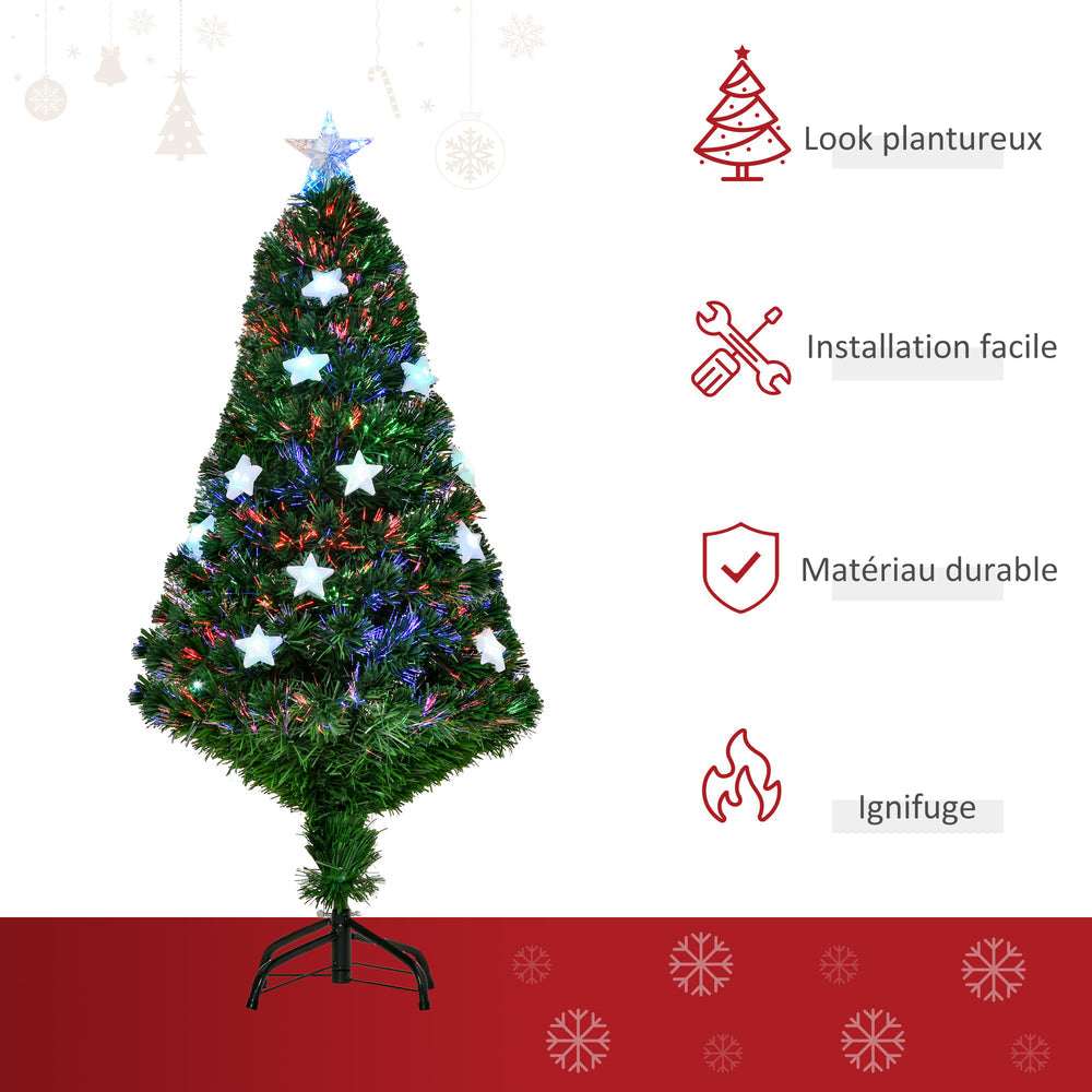 Sapin de Noël artificiel lumineux 120 cm 16 lumières LED fibres optiques lumineux multicolores 130 branches PVC étoile sommet brillante vert