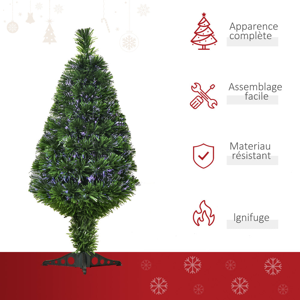 Sapin de Noël Artificiel Lumineux 90H cm Fibre Optique Multicolore + Support Pied 90 Branches Vert