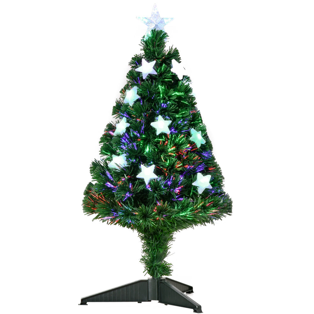 Sapin de Noël Artificiel Lumineux 90H cm Fibre Optique LED Multicolore + Support Pied 90 Branches étoile Sommet Brillante Vert