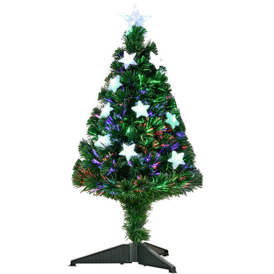 Sapin de Noël Artificiel Lumineux 90H cm Fibre Optique LED Multicolore + Support Pied 90 Branches étoile Sommet Brillante Vert