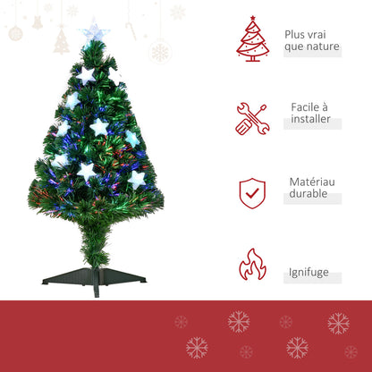 Sapin de Noël Artificiel Lumineux 90H cm Fibre Optique LED Multicolore + Support Pied 90 Branches étoile Sommet Brillante Vert