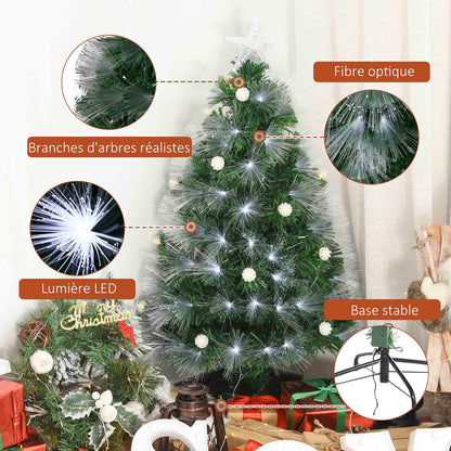 Sapin de Noël Artificiel Lumineux 120H cm Fibre Optique LED + 20 Ampoules + Support Pied 130 Branches étoile Sommet Brillante Vert