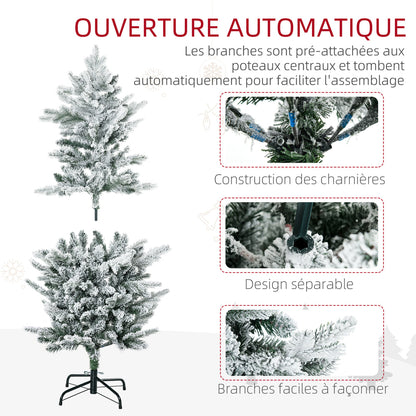 Sapin de Noël artificiel 135 cm, pin naturel enneigé, 267 branches de neige, ouverture automatique, base en acier, vert